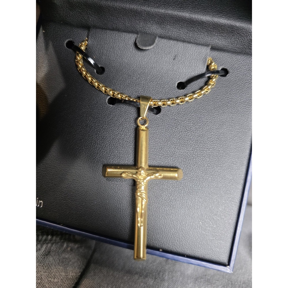 Steeltime Stainless Steel Gold Tone Crucifix Cross Pendant 24" Chain Box